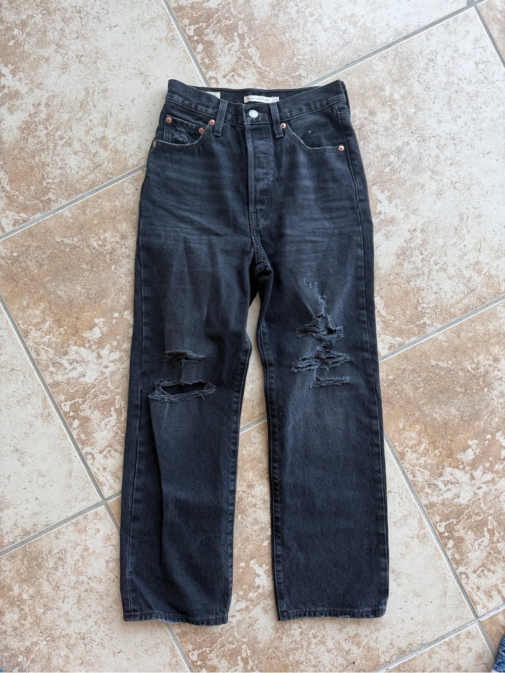 Levi Black Distressed High-Rise Straight Jeans
